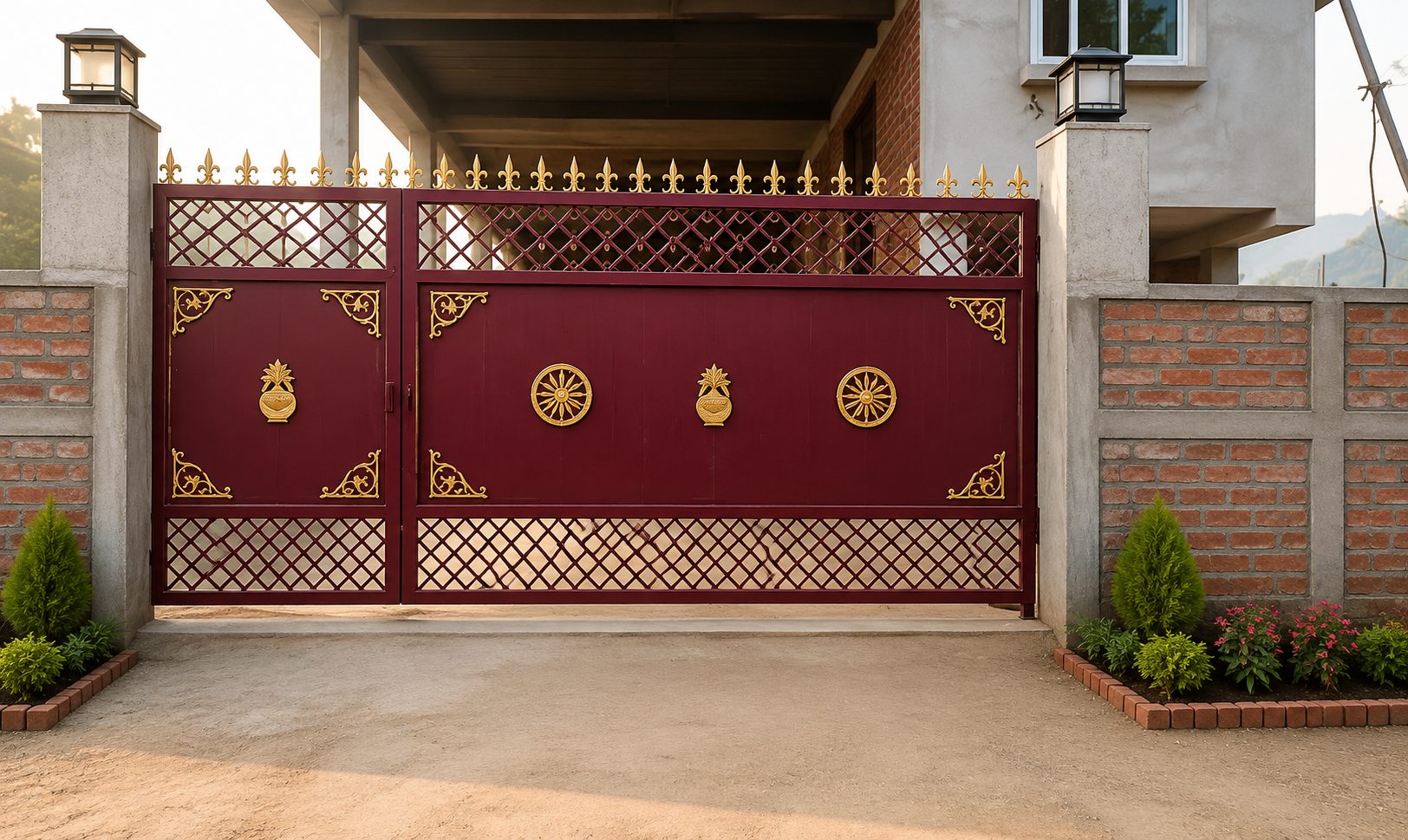 Ornamental mild steel gate design reference — maroon and gold finish